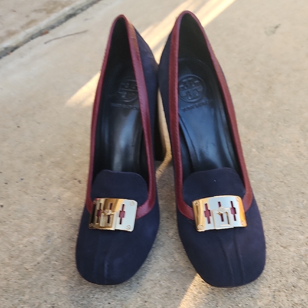 Tory Burch Navy Suede Block Heels with Burgundy Trim and Gold Hardware